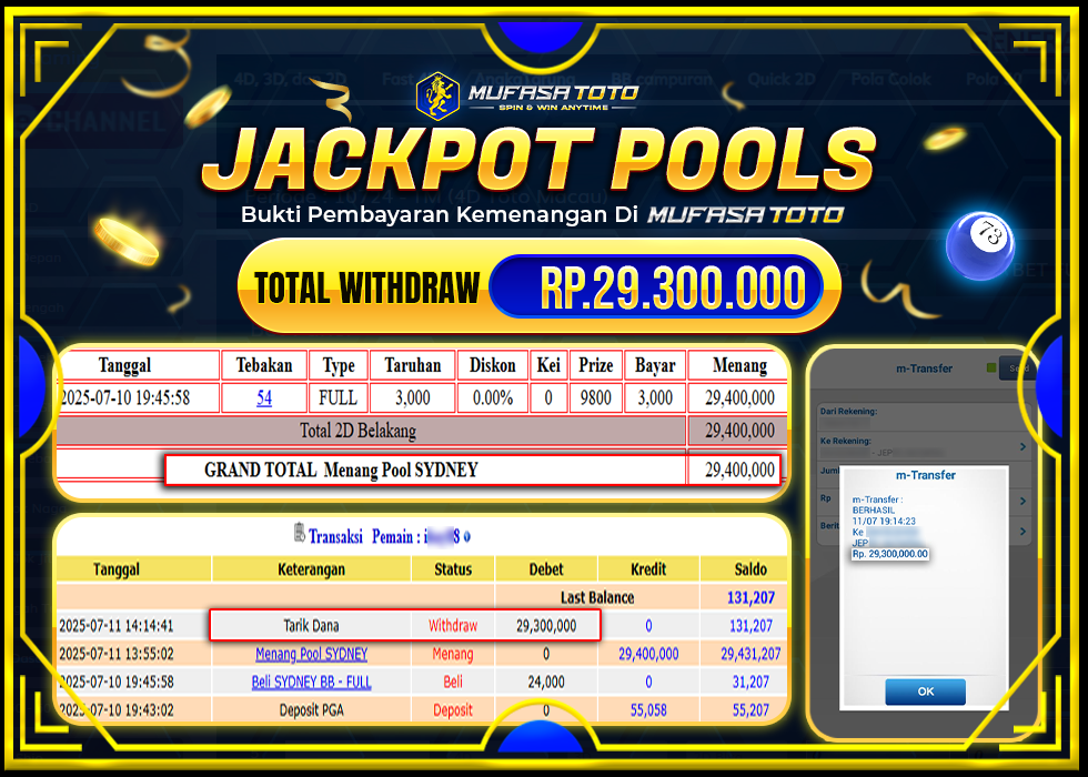 MUFASATOTO JACKPOT POOL SYDNEY Rp.29.300.000LUNAS